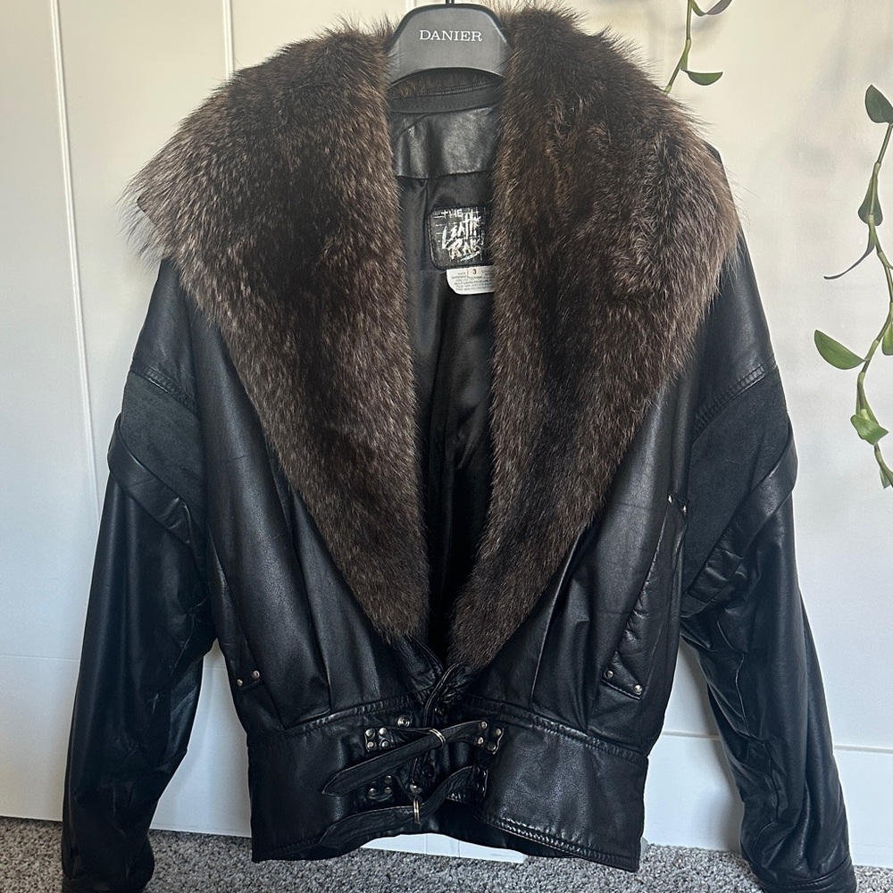 Leather Ranch Vintage 90’s Black Leather Jacket with Brown Fur Trim